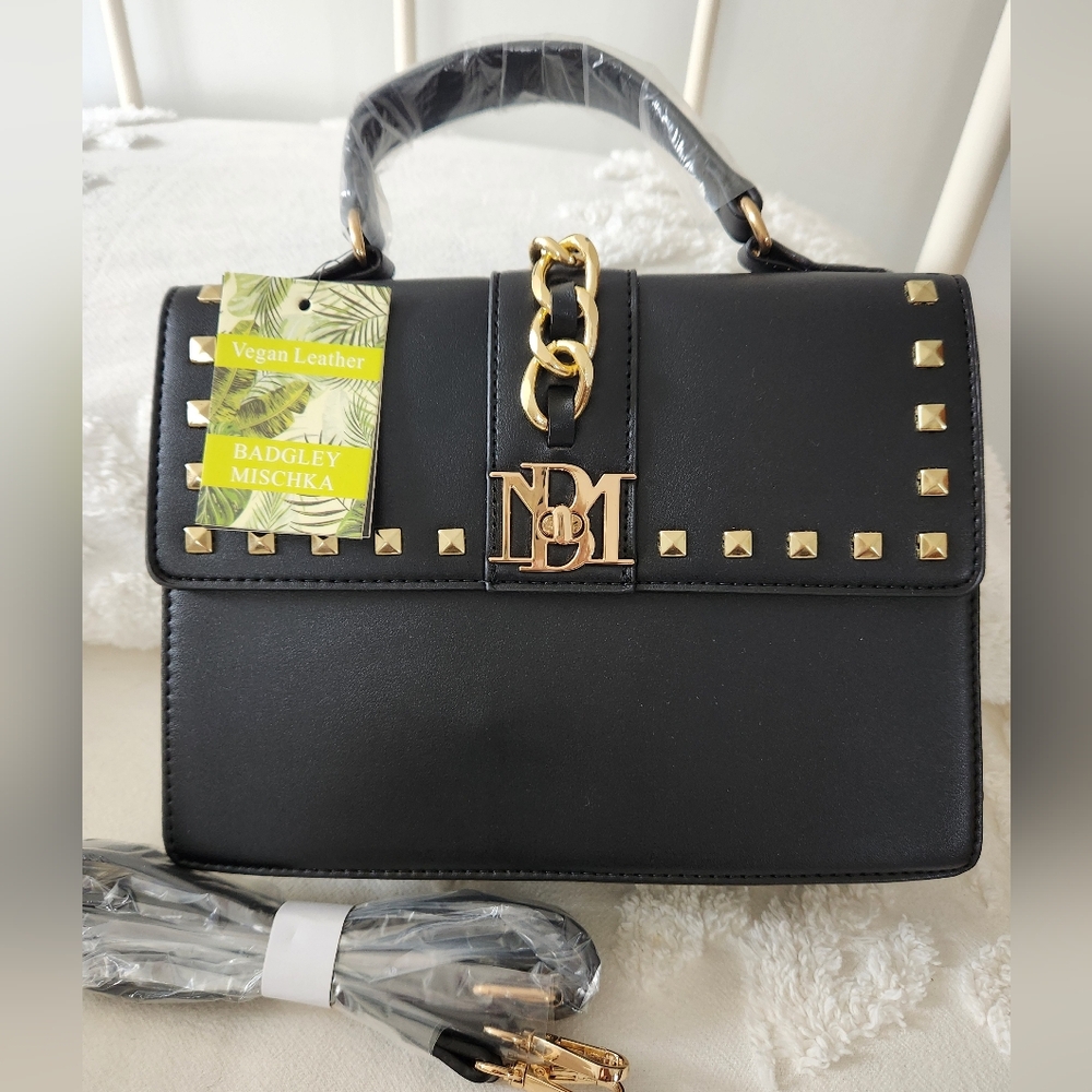 Badgley Mischka Black Vegan Leather Top-Handle Satchel With Crossbody Strap.
